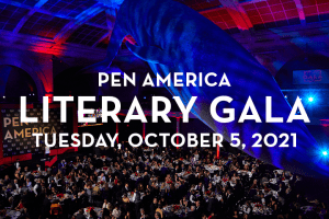 interior image of 2021 PEN America Literary Gala at the American Museum of Natural History; on top: “PEN America Literary Gala: Tuesday, October 1, 2021”