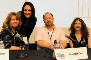 Michelle Franke posing with Samantha Dunn, Alexander Chee, and Nell Scovell