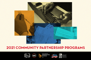 Stacked photo collage of hands holding a vaccine needle, person typing on a laptop, vaccination cards, and a mask; at the bottom: “2021 Community Partnership Programs” and logos of partner organizations