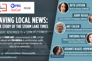 “Saving Local News: The Story of the Storm Lake Times” event and participant information on a graphic