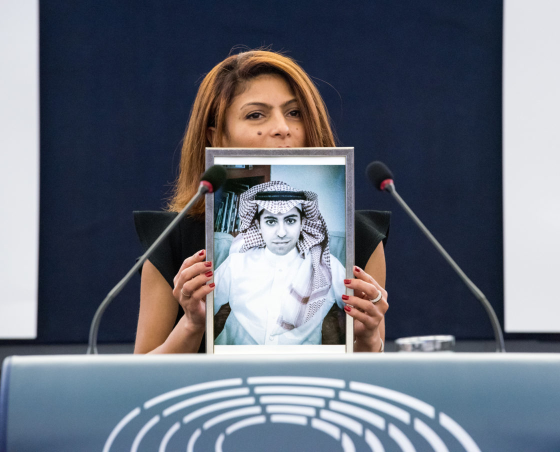 Ensaf Haidar Holds Raif Badawi Portrait At Sarkhov Prize Acceptance