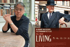 Kazuo Ishiguro headshot and Living film poster