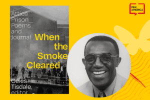 Black and white photograph of Celes Tisdale next to a cover his book "When the Smoke Cleared" on a yellow backdrop