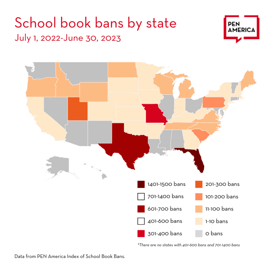 map of USA with book ban numbers 22-23