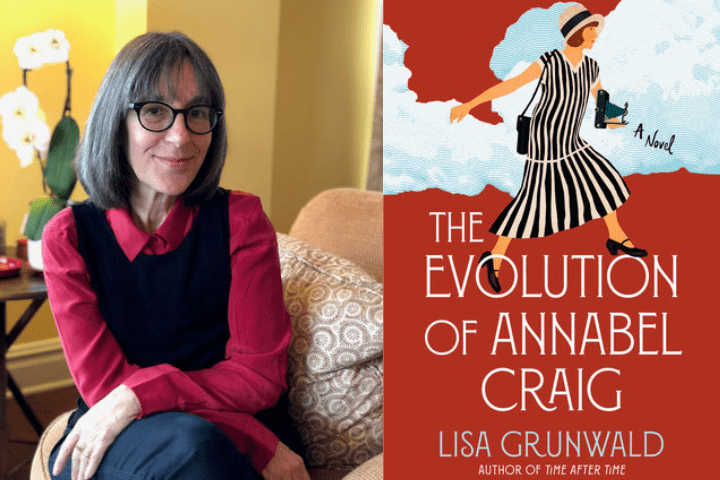 Lisa Grundwald headshot and book cover photo for The Evolution of Annabel Craig