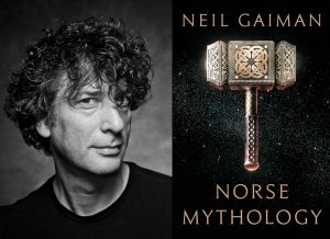 Neil Gaiman headshot and cover of Norse Mythology