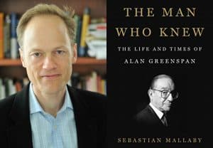 Sebastian Mallaby headshot and cover of The Man Who Knew
