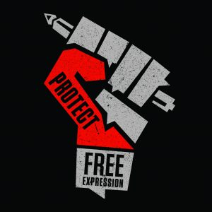 fist holding a pencil with the text, protect free expression