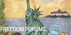 Painting of The Statue of Liberty with the words "Freedom Forums"