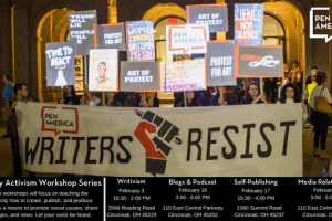 Protestors with sign that reads "Writer's Resist" with PEN logo of fist with pen