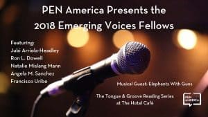 Photo of a microphone with information regarding PEN America Presents the 2018 Emerging Voices Fellows