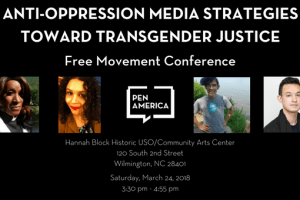 Anti-Oppression Media strategies Toward Transgender Justice event graphic featuring headshots of panelists