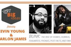 Event graphic featuring headshots of Kevin Young and Marlon James