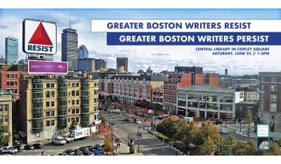 Greater Boston Writers Resist event graphic featuring photo of Boston street
