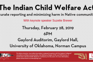 event flyer for the Indian Child Welfare Act Reporting Symposium with keynote speaker Suzette Brewer