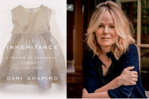 Dani Shapiro and the cover of her book, Inheritance