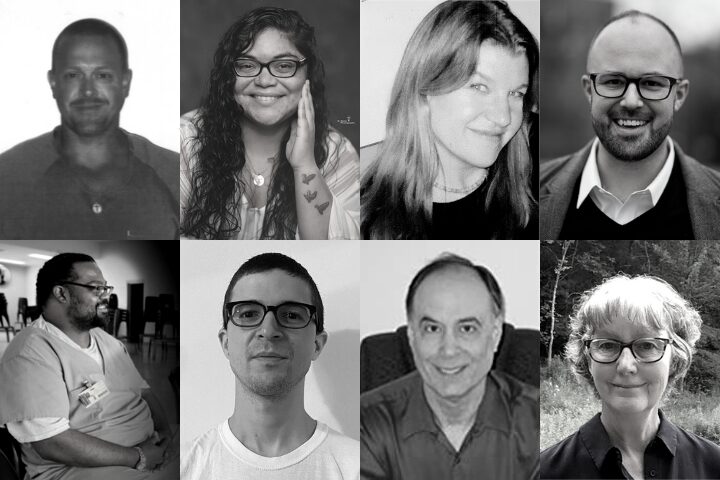 A grid of eight black and white portraits featuring diverse individuals with various expressions. The backgrounds and lighting vary, showcasing a mix of casual and formal settings.