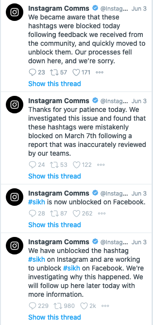 Screenshot of tweets from Instagram Comms