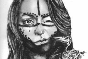 Black and white illustration of a woman with tears in one eye, black markings on her face, and a skeleton of a bird on her shoulder