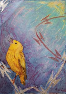 A yellow canary on a jagged branch before a pastel purple and blue backdrop