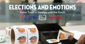 Georgia peach voting sticker roll with "Elections and Emotions" at the top