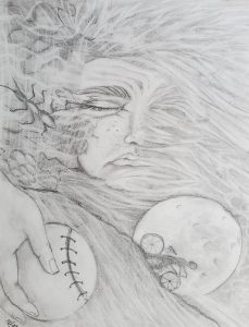 Pencil drawing with a female face merging into natural imagery. The lower part of the image has a hand holding a baseball and a bike before a full moon.