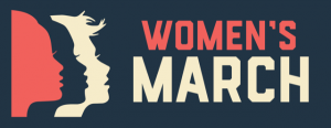 Women's March logo - pink, navy, cream profiles looking at words "Women's March"