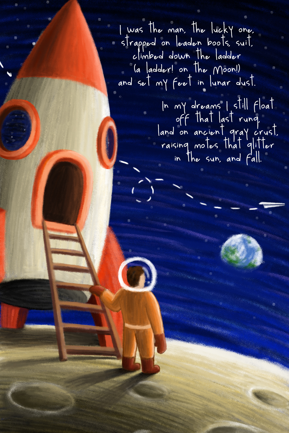 Illustrated astronaut stands on the moon and looks back to earth. His hand is on a ladder that descends from a rocketship.