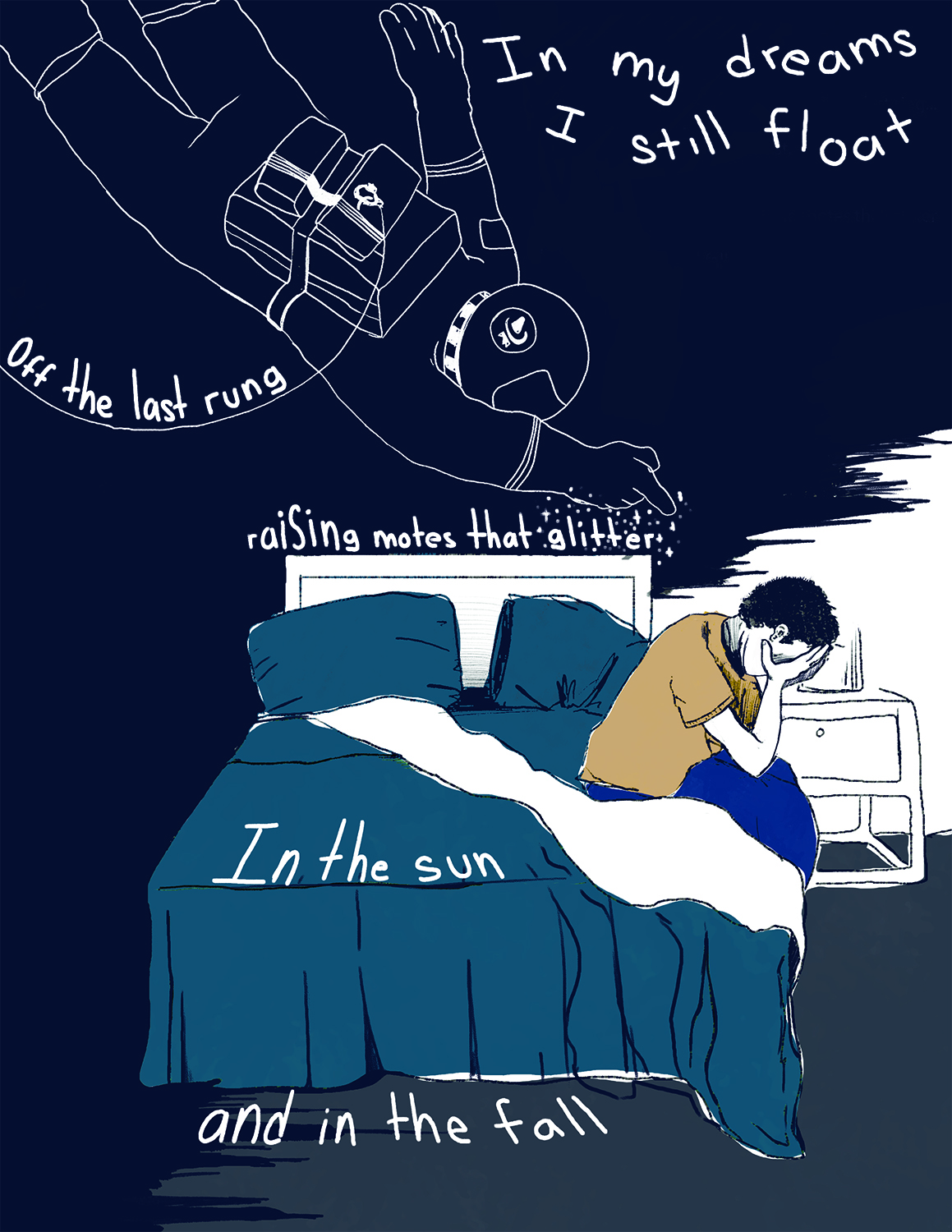 A man sitting on the side of his bed places his face in his hands in sorrow. The outline of an astronaut above him points.