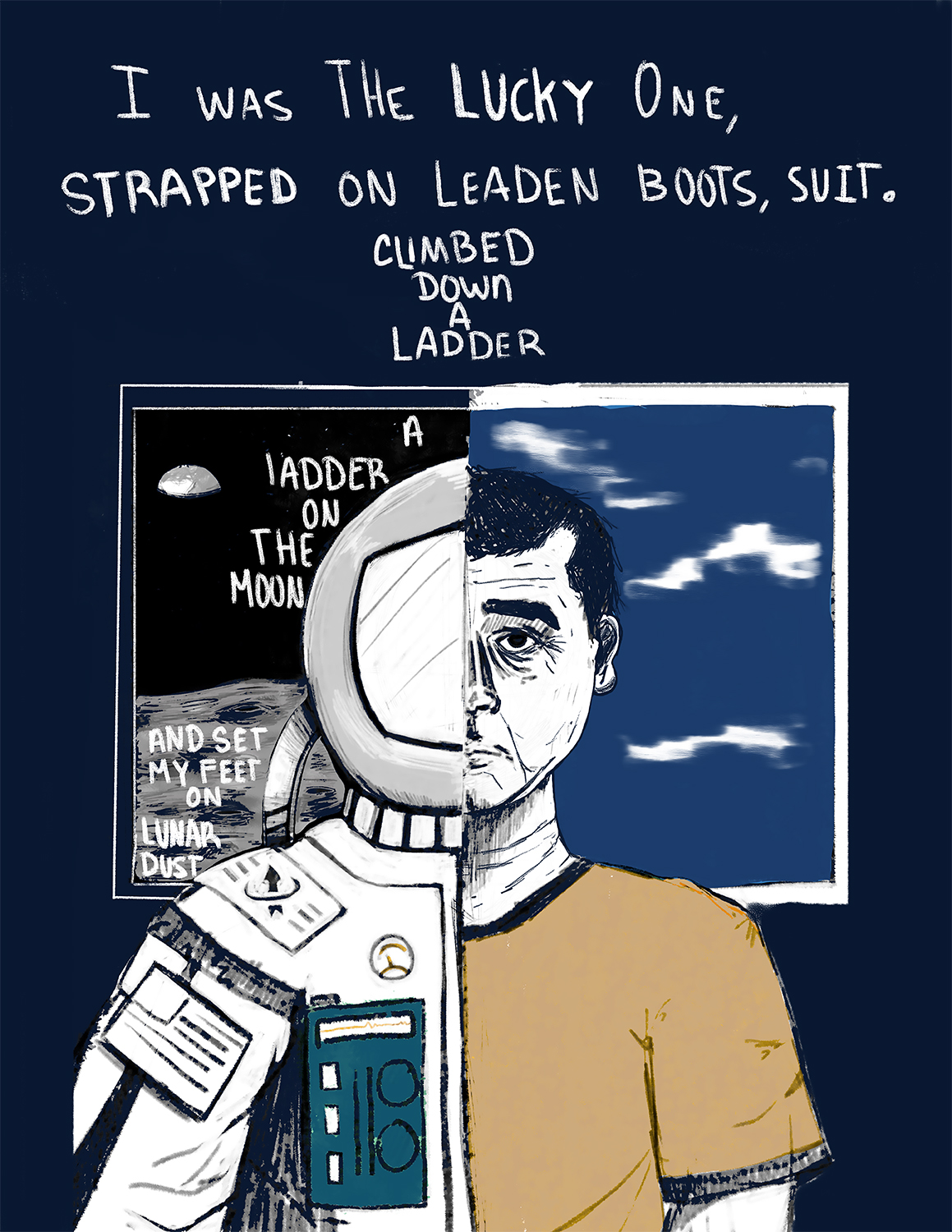 A drawing of a man looking toward the viewer, bisected to be part man part astronaut. In the background, blue sky and space.