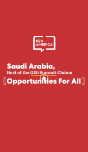 Text overlayed on a red background that reads: “Saudi Arabia, Host of the G20 Summit Claims Opportunities For All”
