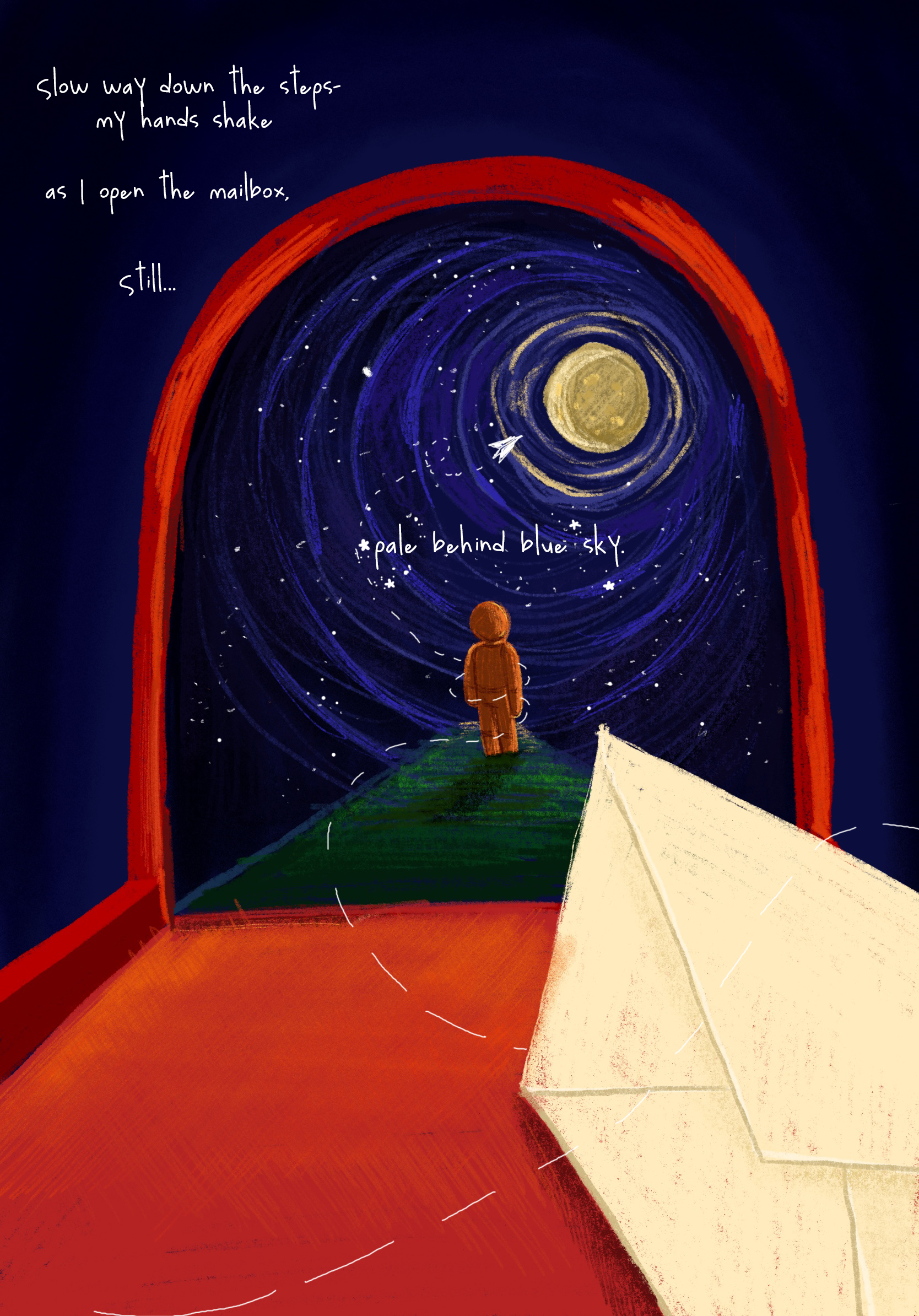 Open mailbox with loan orange, cartoon figure looking up at a paper airplane flying toward a glowing moon in the night sky.