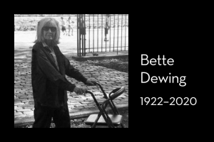 Bette Dewing’s headshot on left; on right: “Bette Dewing, 1922–2020”