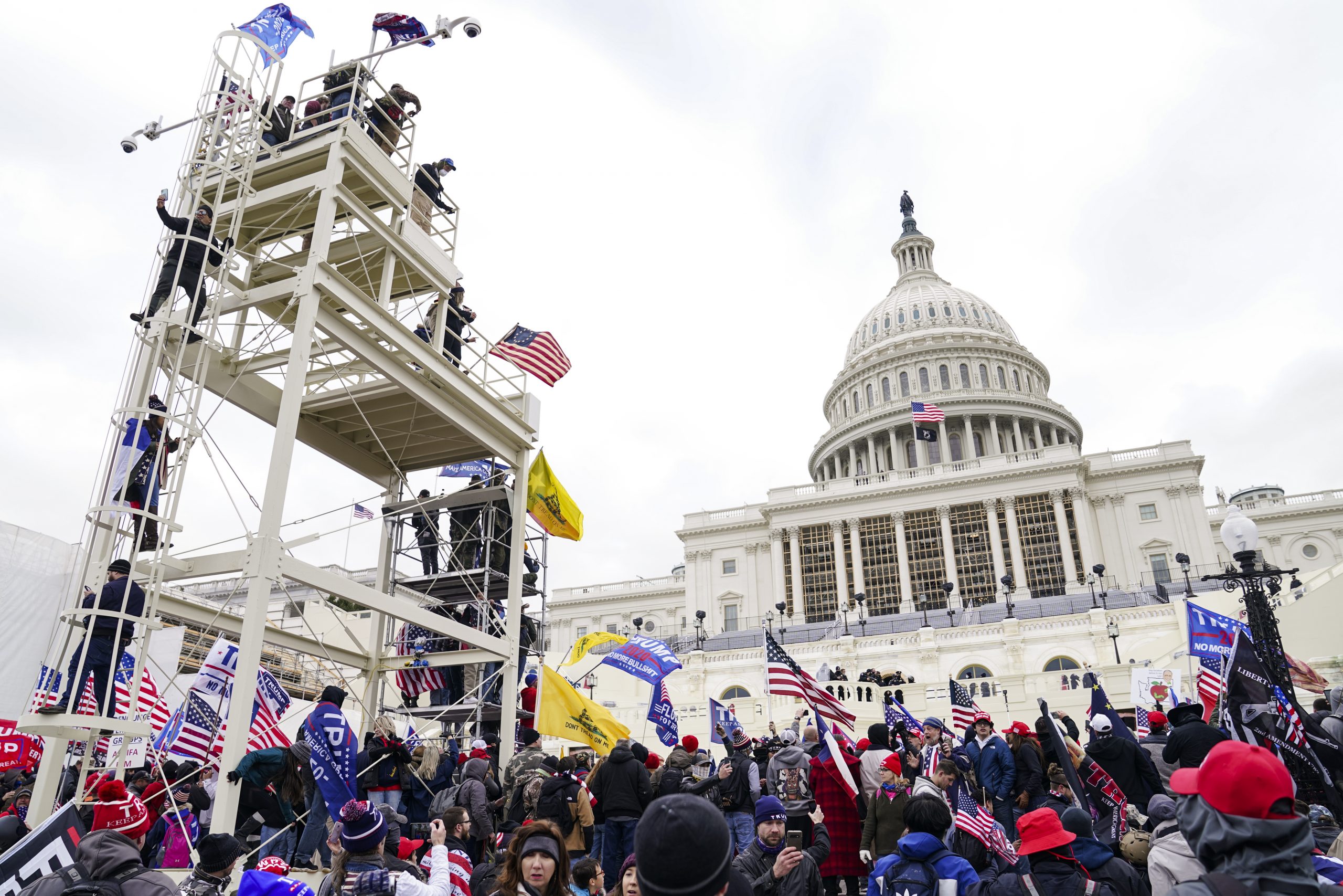 Scaffolding and demonstrators gathered at the Capitol