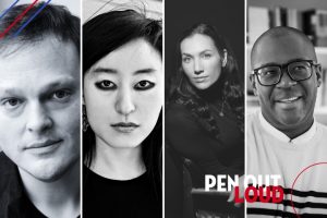 R.O. Kwon, Garth Greenwell, Melissa Febos, and Brandon Taylor headshots, with PEN Out Loud logo on bottom right
