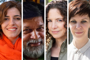 Headshots of Helena Nassif, Shahidul Alam, Karima Bennoune, and Natalia Koliada