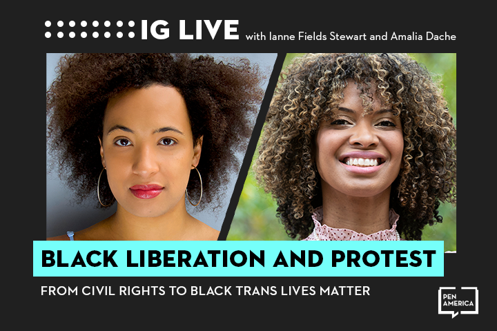 Amalia Dache’s and Ianne Fields Stewart’s headshots on black background with words"Black Liberation and Protest" on teal text box