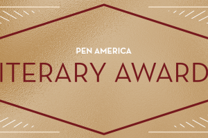 The words “PEN America Literary Awards” enclosed in a dark red diamond with a gold background; white rays sticking out from each corner