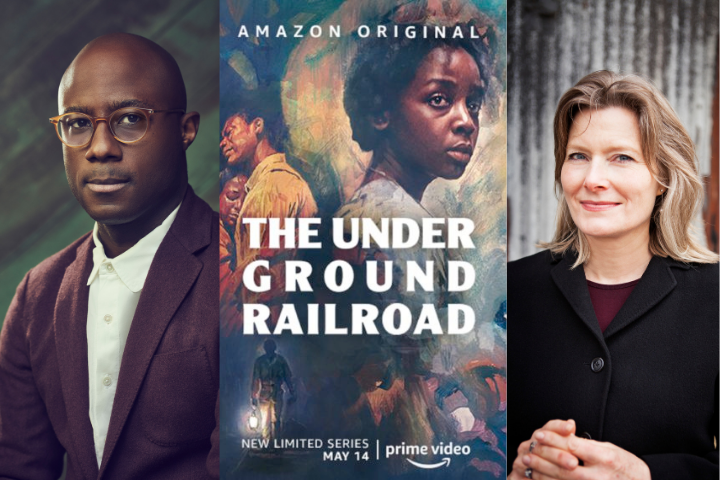 Barry Jenkins headshot, "The Underground Railroad" tv series poster, and Jennifer Egan headshot