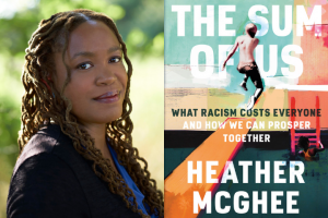 Heather McGhee headshot and "The Sum of Us" book cover