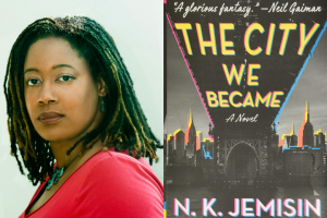 N.K. Jemisin headshot and "The City We Became" book cover