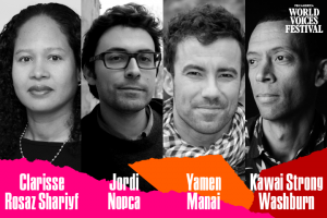 Headshots and names of Clarisse Rosaz Shariyf, Jordi Nopca, Yamen Manai, and Kawai Strong Washburn with multicolor ripped paper on bottom edge