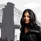 Cutout of Mira Jacob in front of an illustration of the Brooklyn Bridge