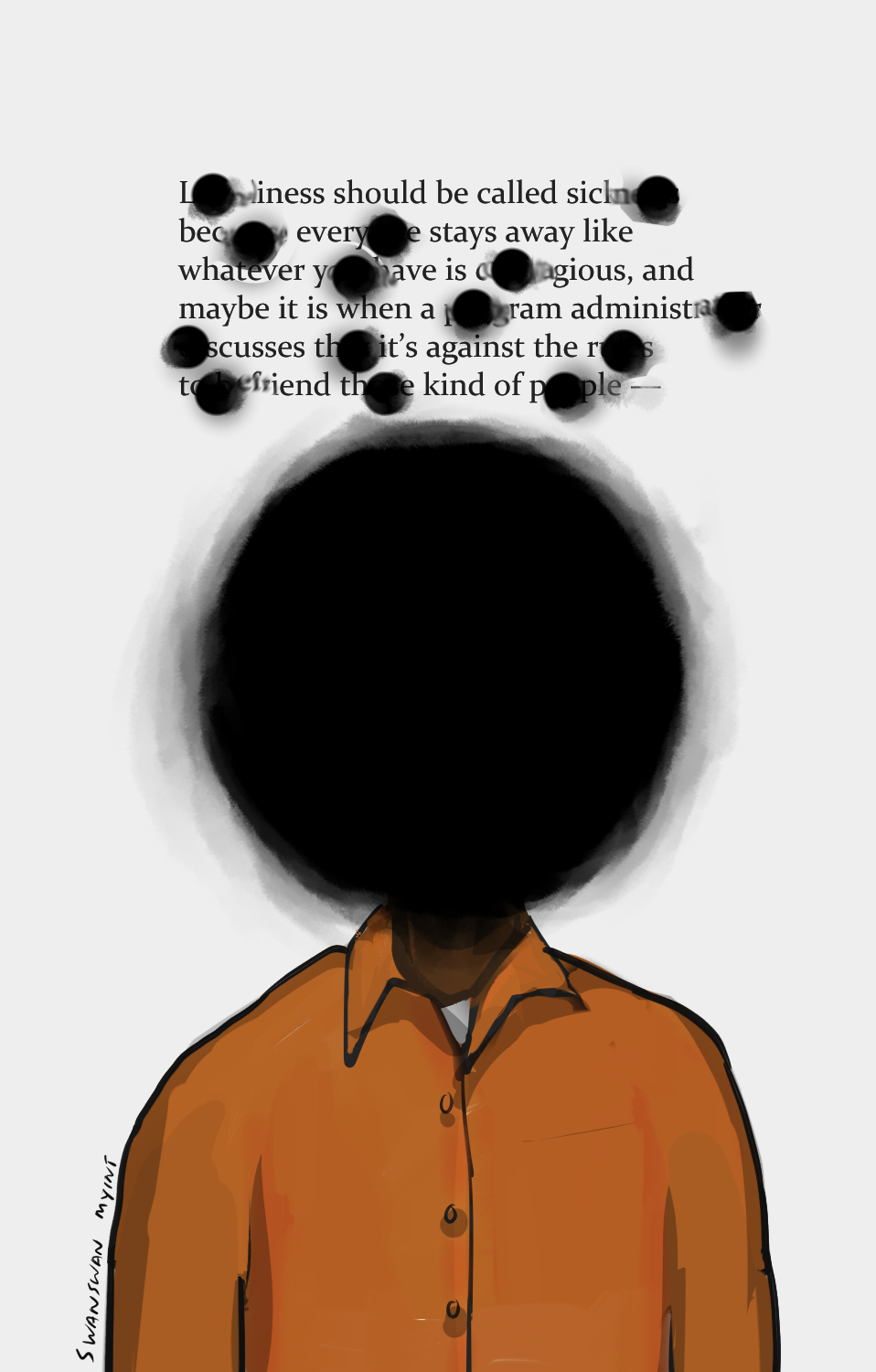 A Black man faces the viewer, but his face is blocked by a large, circular void. Smaller, voids obscure the writing above.