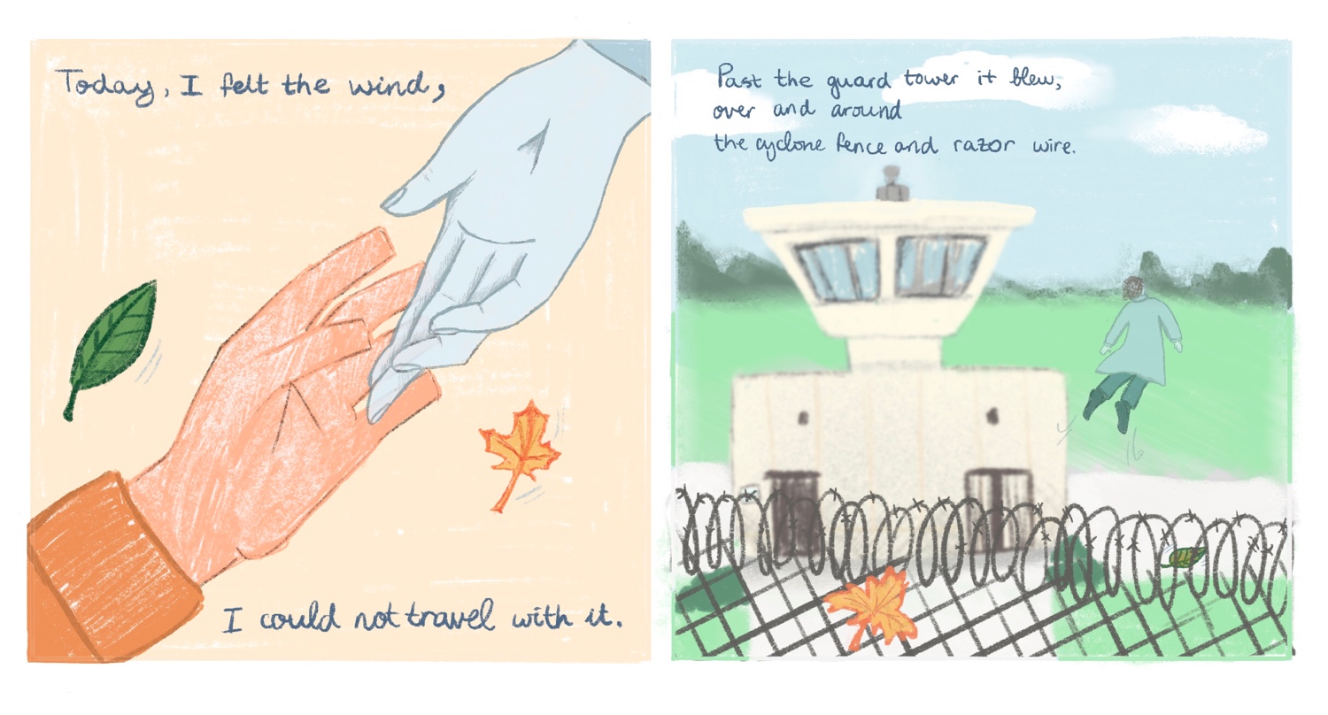 Two panel comic of the wind as a hand touching a man's hand, and wind as a person flying over a prison's fence past a tower.