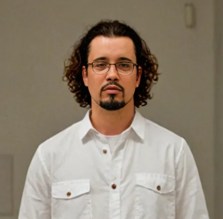A man with curly shoulder-length hair, a goatee, and glasses is wearing a white button-up shirt and standing against a plain, light-colored background.