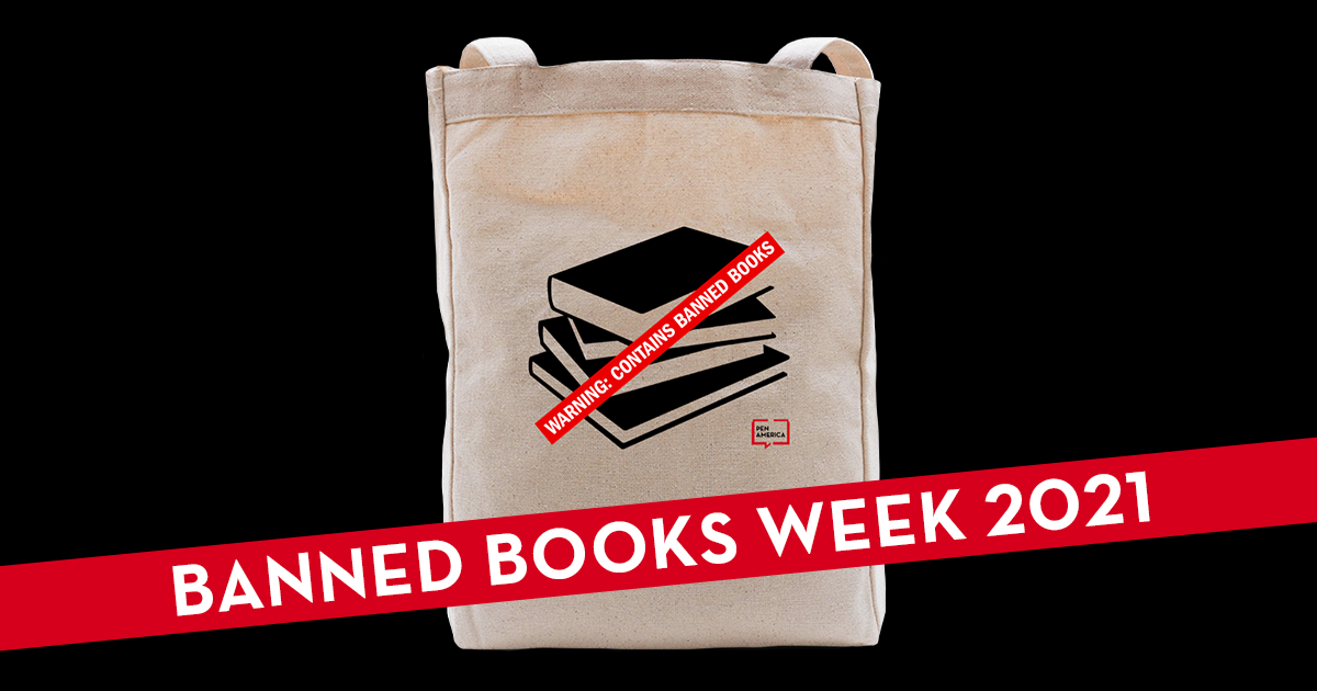 Tote bag with a stack of books with a red warning label on top: “Warning: Contains Banned Books”