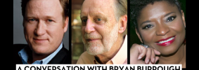 Headshots of Bryan Burrough, Jim Schutze, and Sanderia Faye; on top: “Banned Books Week 2021” in a red banner and “A Conversation with Bryan Burrough and Jim Schutze moderated by Sanderia Faye”