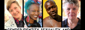 Headshots of Emrys Donaldson, Joi Miner, Brontez Purnell, and Minnie Bruce Pratt; on top: “Banned Books Week 2021” in a red banner and “Gender Identity, Sexuality, and Free Expression in Alabama”