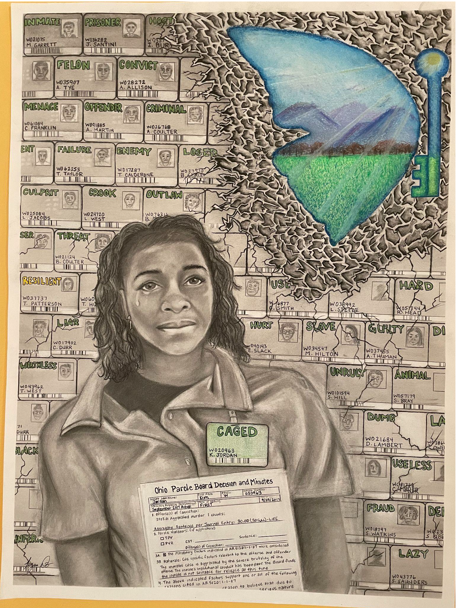 A woman cries in the foreground with an ID card that reads "caged" attached to her shirt, a myriad of ID cards create the background of the piece. A butterly made from the images of a mountain range and a key soars on the top right corner.